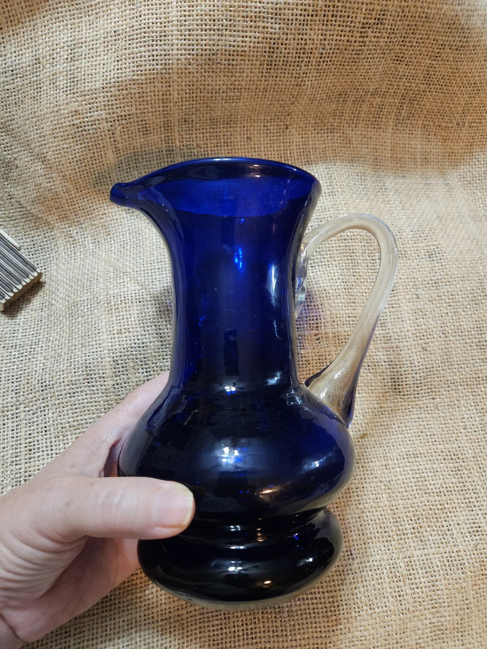 Cobalt Blue Art Glass Pitcher with Clear Handle Makes a Nice Vase - Picture 12 of 12